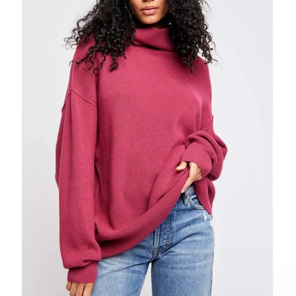 Free People Small Softly Structured Knit‎ Tunic Sweater Berry Oversized Preppy